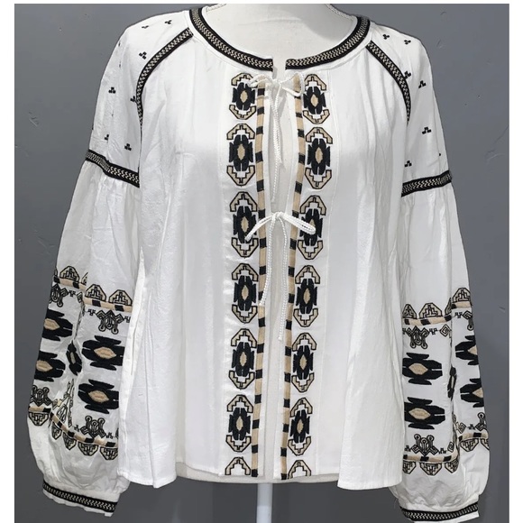 RD & Koko White Anthropologie Tribal Embroidered Top Jacket Cropped Oversized L - Picture 3 of 12